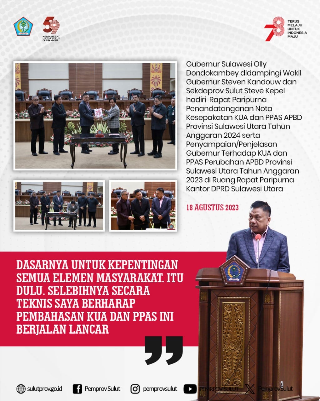 Olly Dondokambey & Steven Kandouw hadiri Rapat Paripurna Penandatanganan Nota Kesepakatan KUA dan PPAS APBD Provinsi Sulawesi Utara Tahun Anggaran 2024