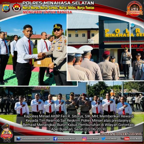 Tangkap Buron Kasus Pembunuhan, Tim Resmob Terima Reward Kapolres Minsel